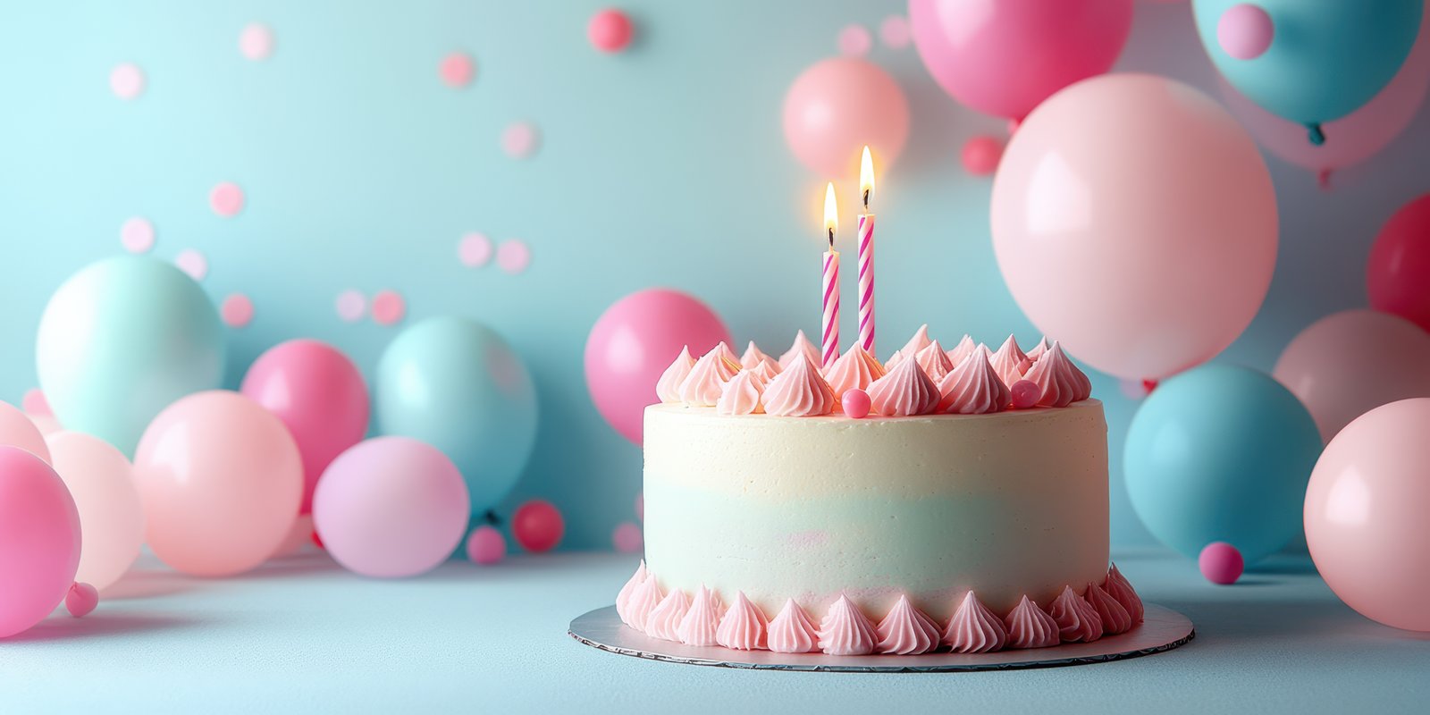 Colorful birthday cake with candles and balloons for a festive celebration